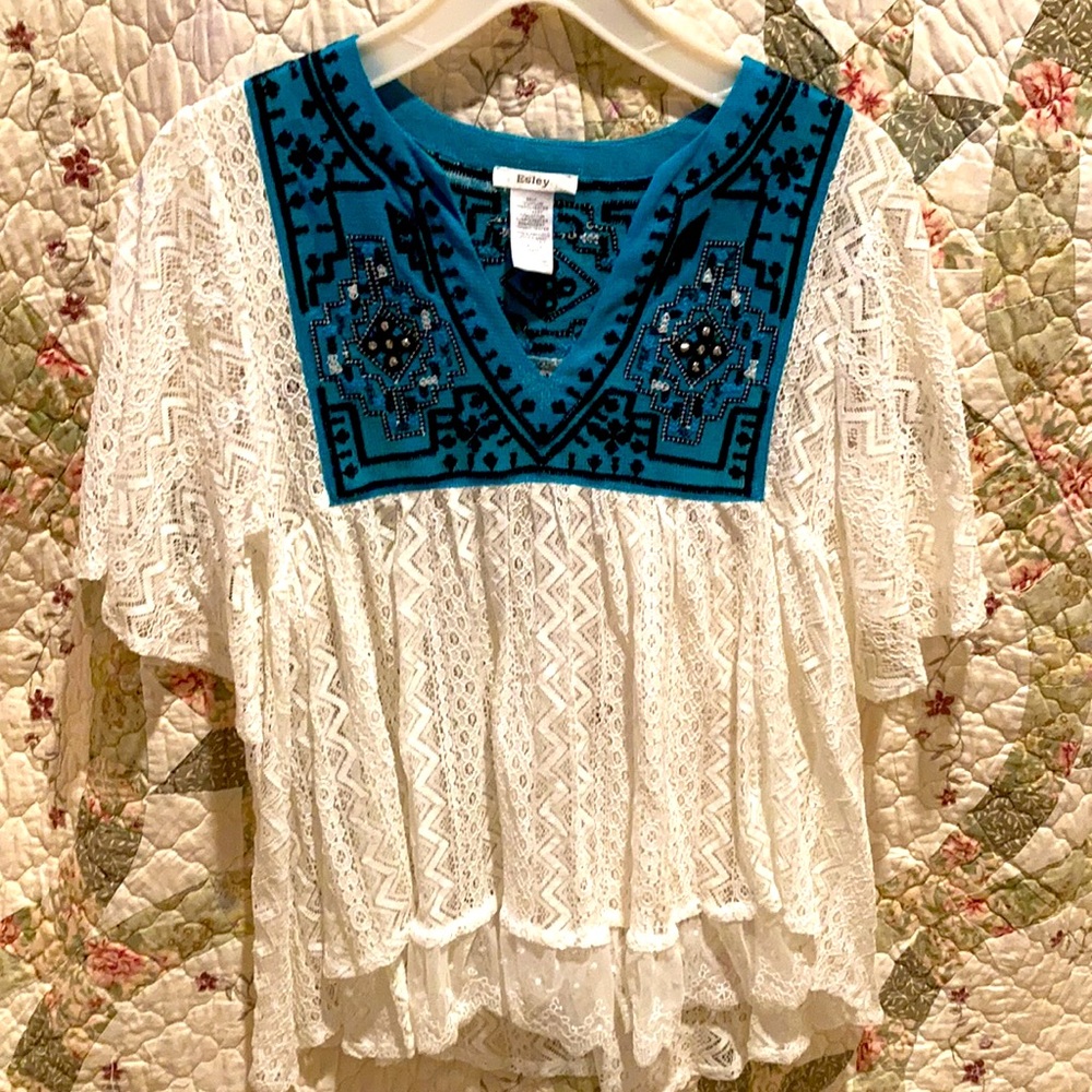 Esley white lace top with turquoise,black